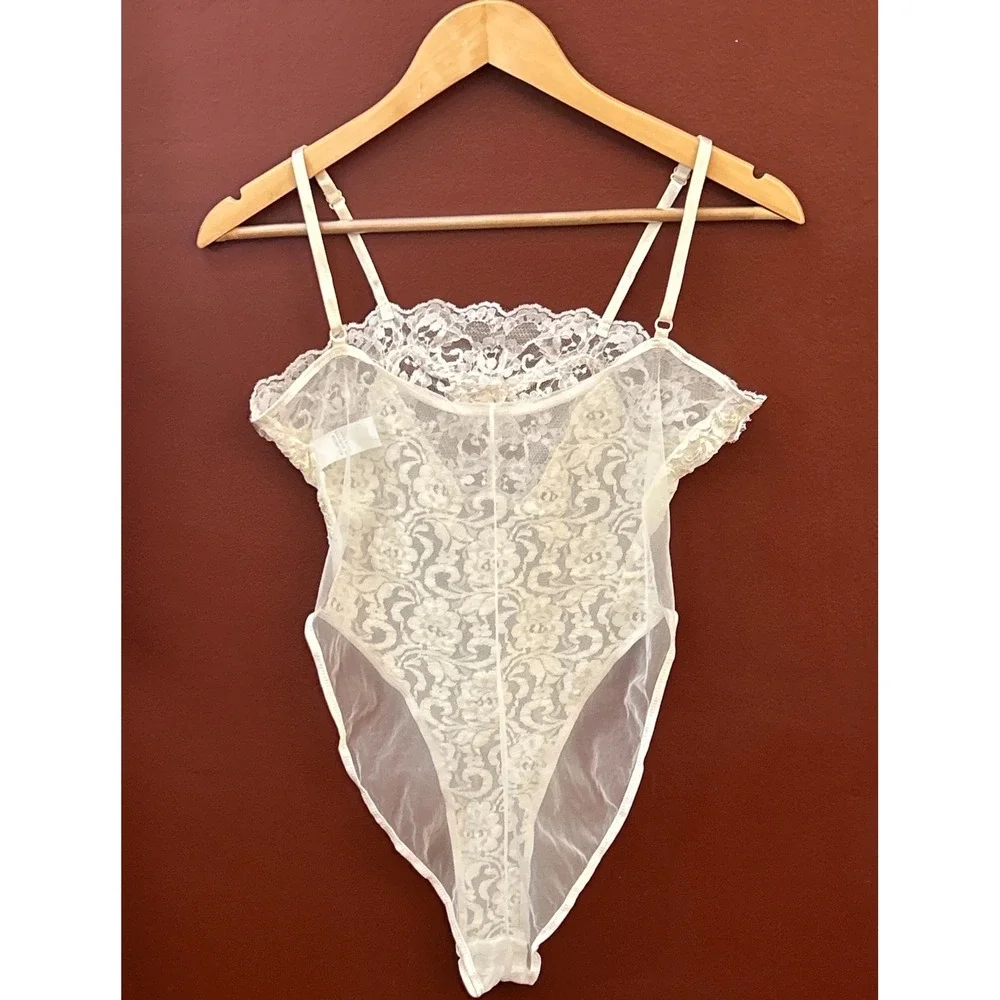 90s Cinema Etoile Bodysuit Lace Pearl Sequin Coquette Regencycore Bridal Ivory S - Picture 4 of 5